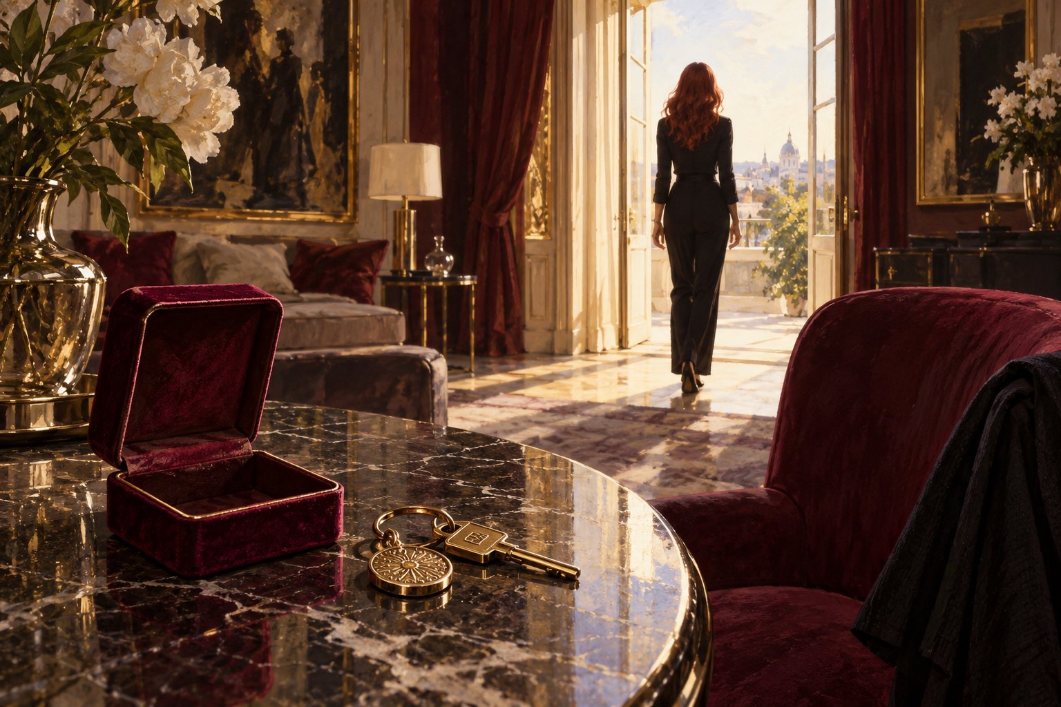Conceptual illustration of a woman walking toward a sunlit doorway, leaving keys and an open velvet box on a marble table.