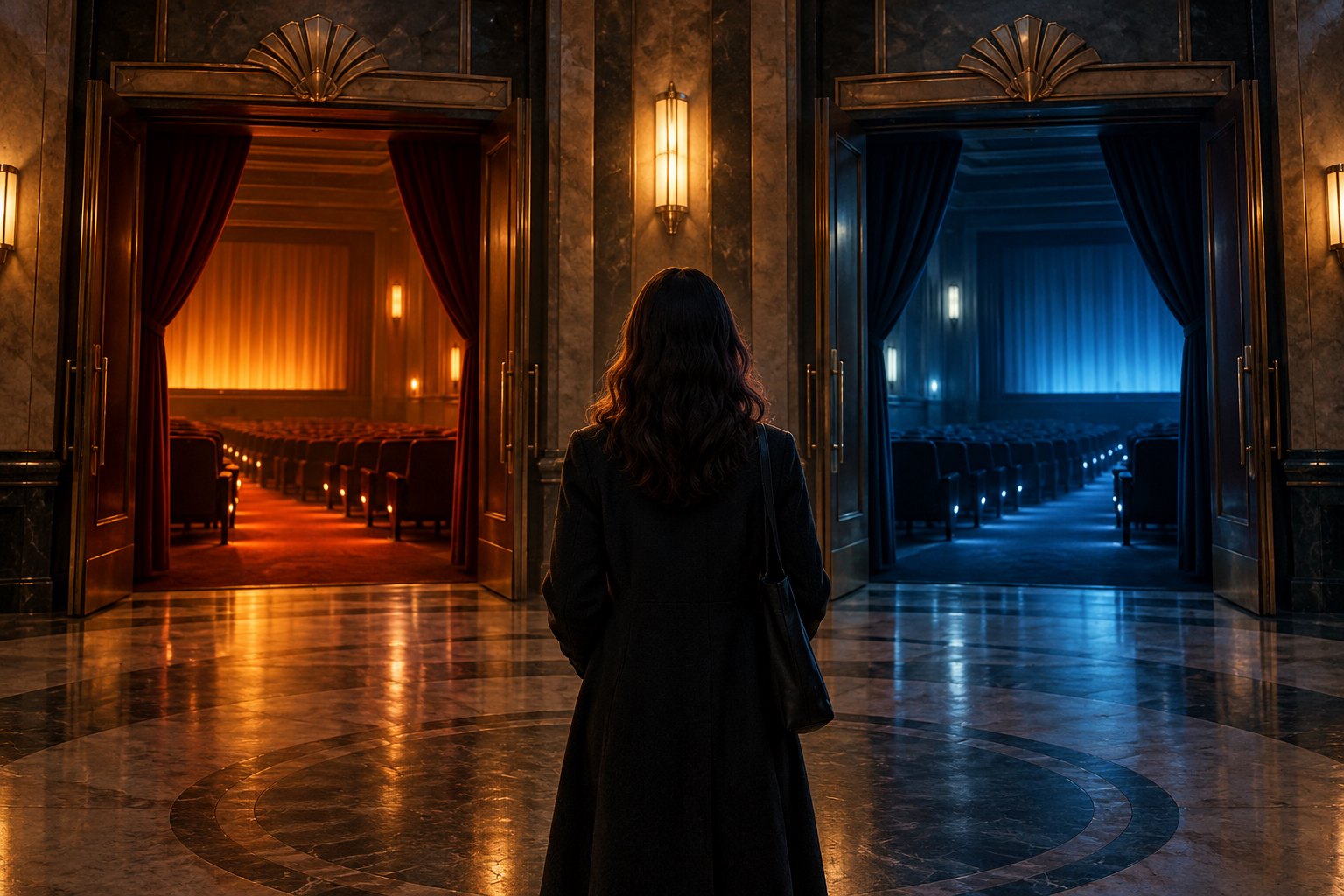 Conceptual illustration of a moviegoer facing two auditorium entrances illuminated in warm amber and cool blue.