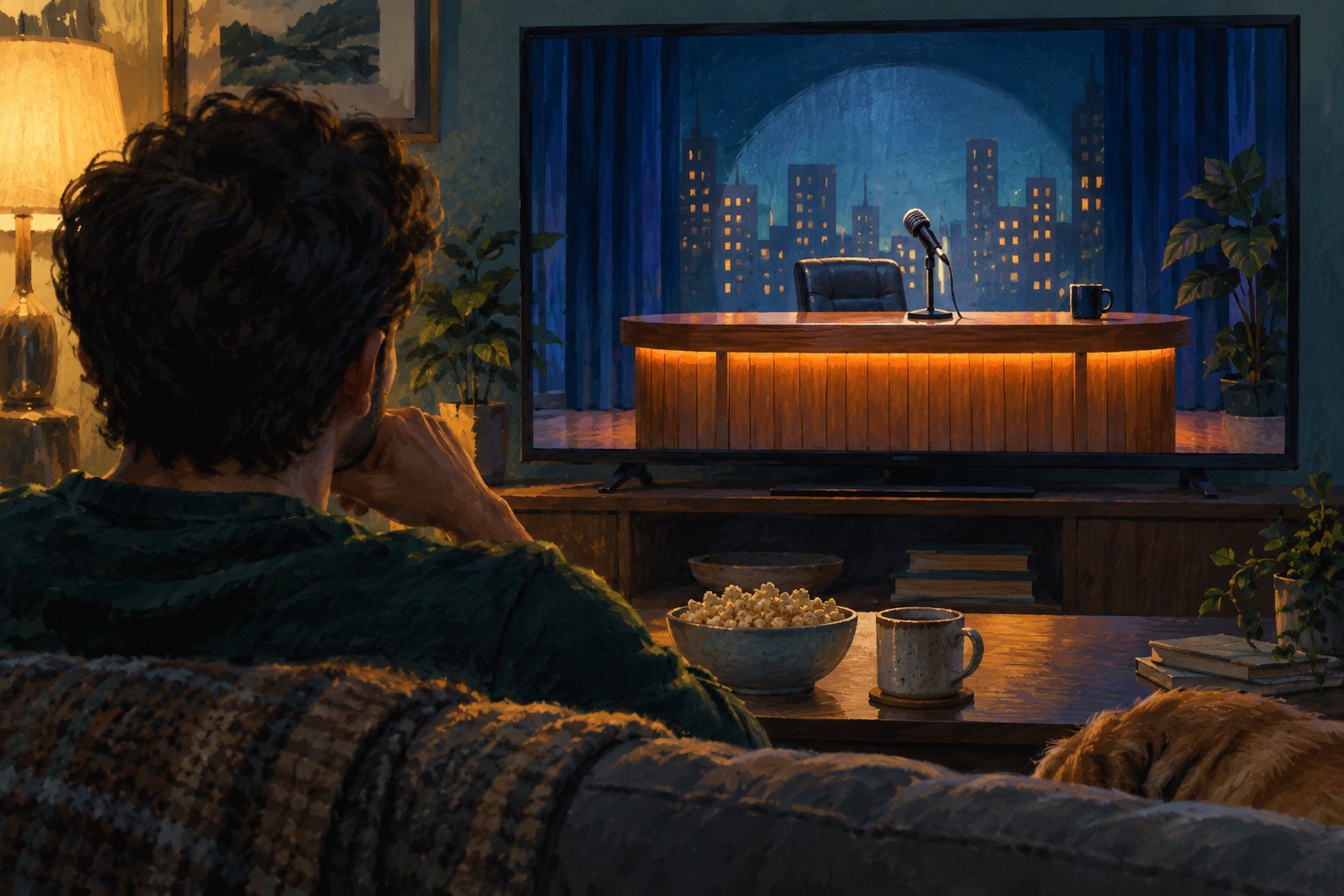 Conceptual illustration of a viewer watching an empty comedy host desk on a television in a warmly lit living room.