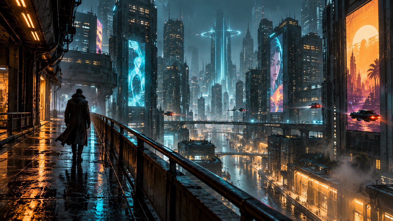 原創概念插畫:孤獨身影站在雨夜高架步道,遠望被霓虹照亮的未來巨城