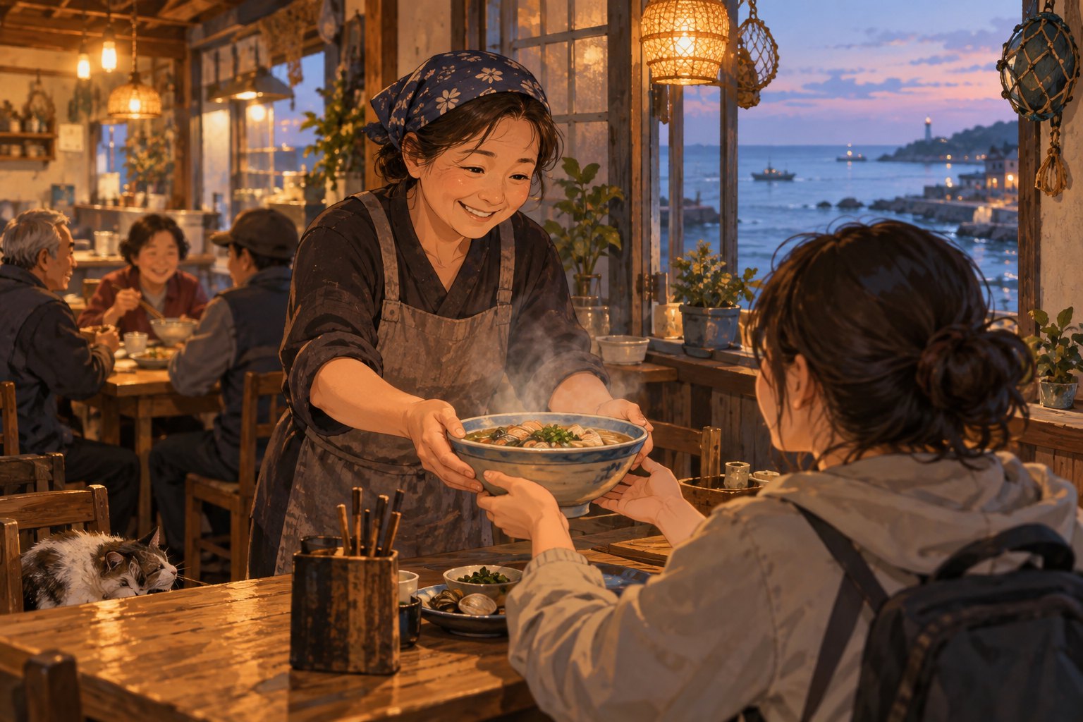 临海小餐馆里店主为旅客端来热汤,窗外海景与室内交谈构成日常生活意象