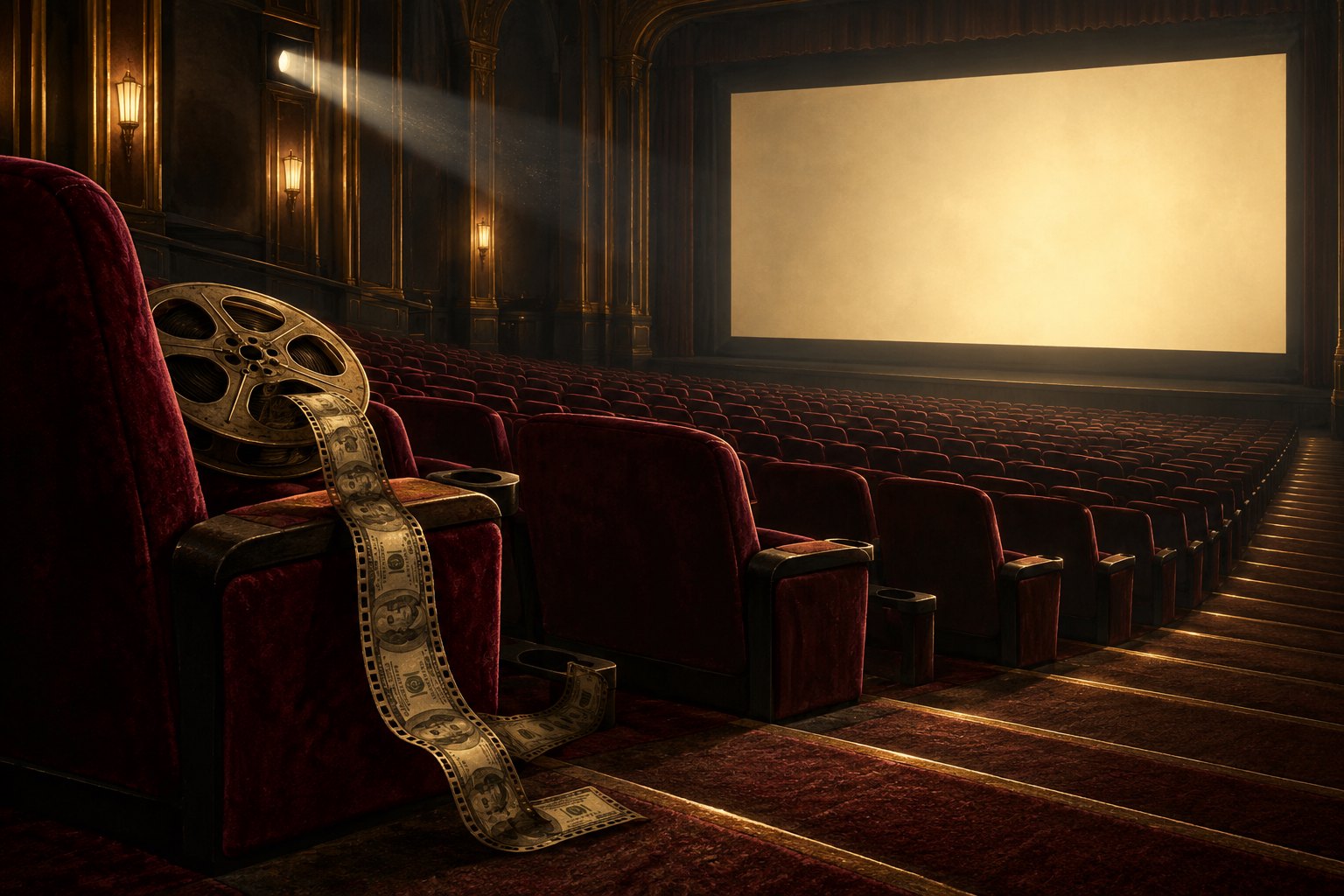 Conceptual illustration of an empty burgundy movie theater with a glowing screen and a film reel trailing a money-patterned strip.
