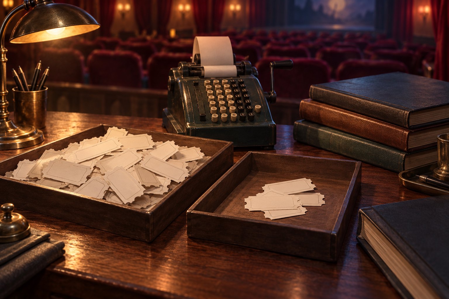 Conceptual illustration of unequal piles of blank ticket stubs beside an adding machine and closed ledgers in a cinema.