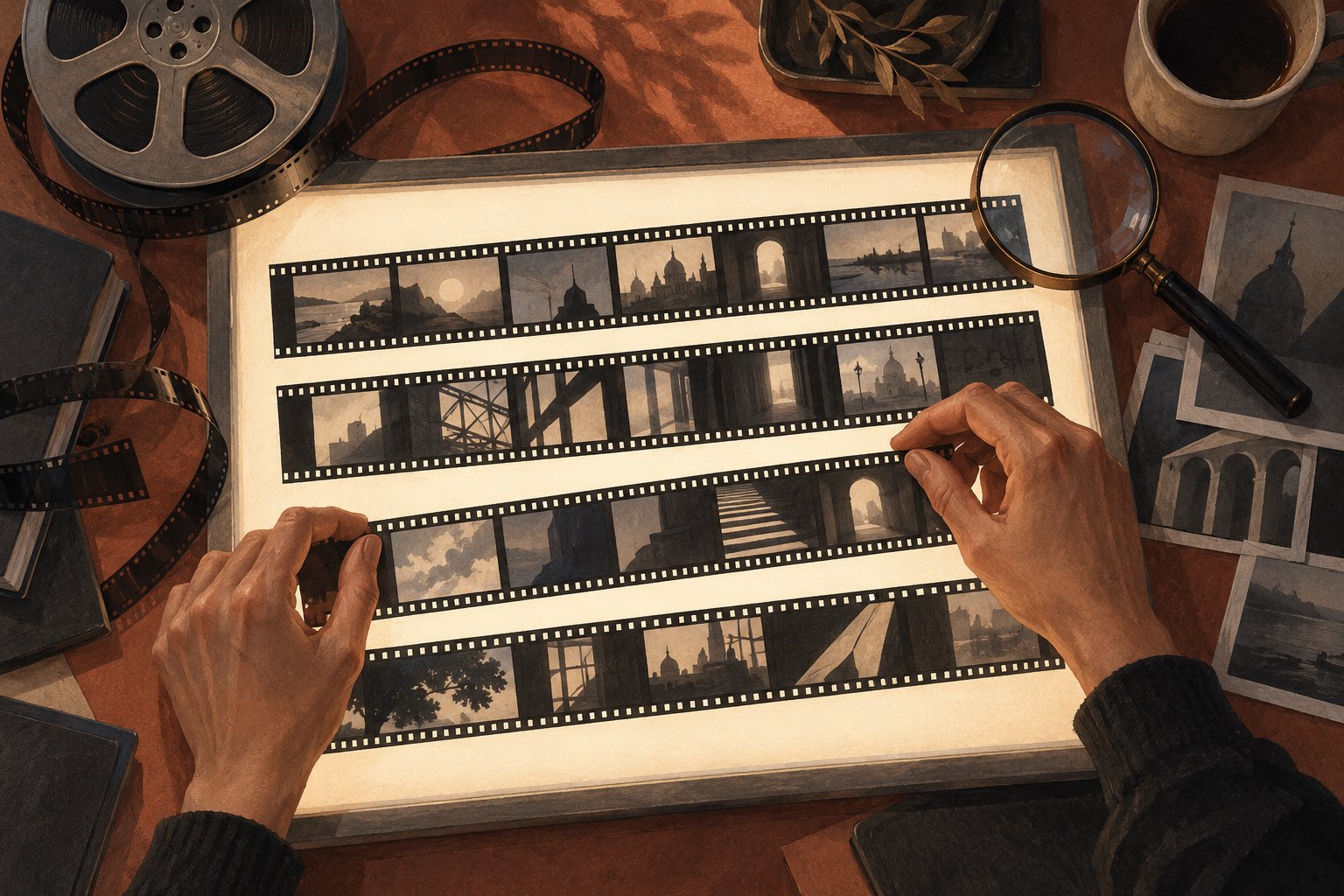 Conceptual illustration of hands arranging photographic film strips on an illuminated editing table.