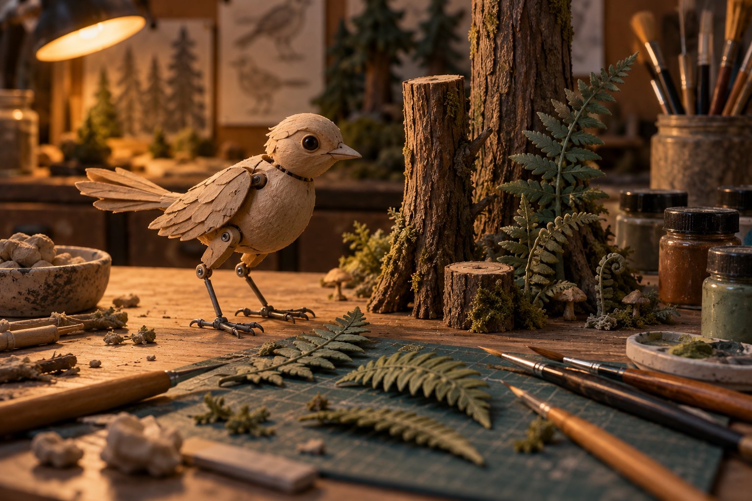 Conceptual illustration of an articulated wooden bird puppet among miniature trees, sculpted ferns, and painting tools on a warmly lit workbench.