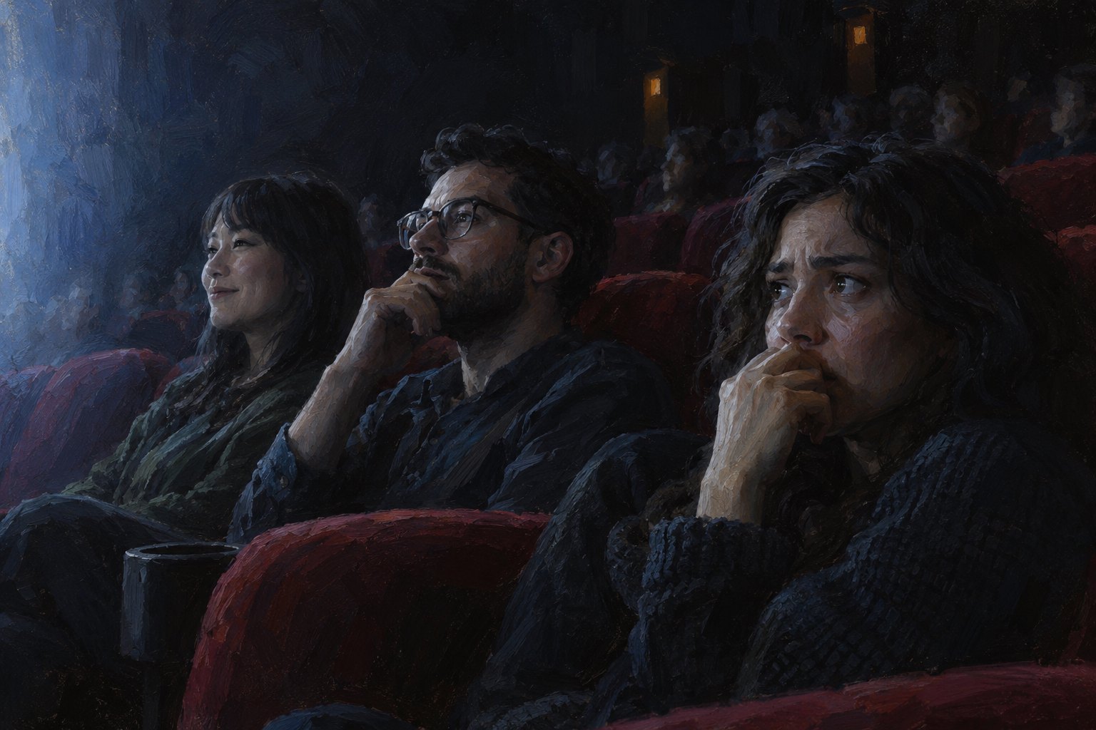 Editorial illustration of three imagined moviegoers watching with amused, thoughtful, and unsettled expressions in a dark theater.
