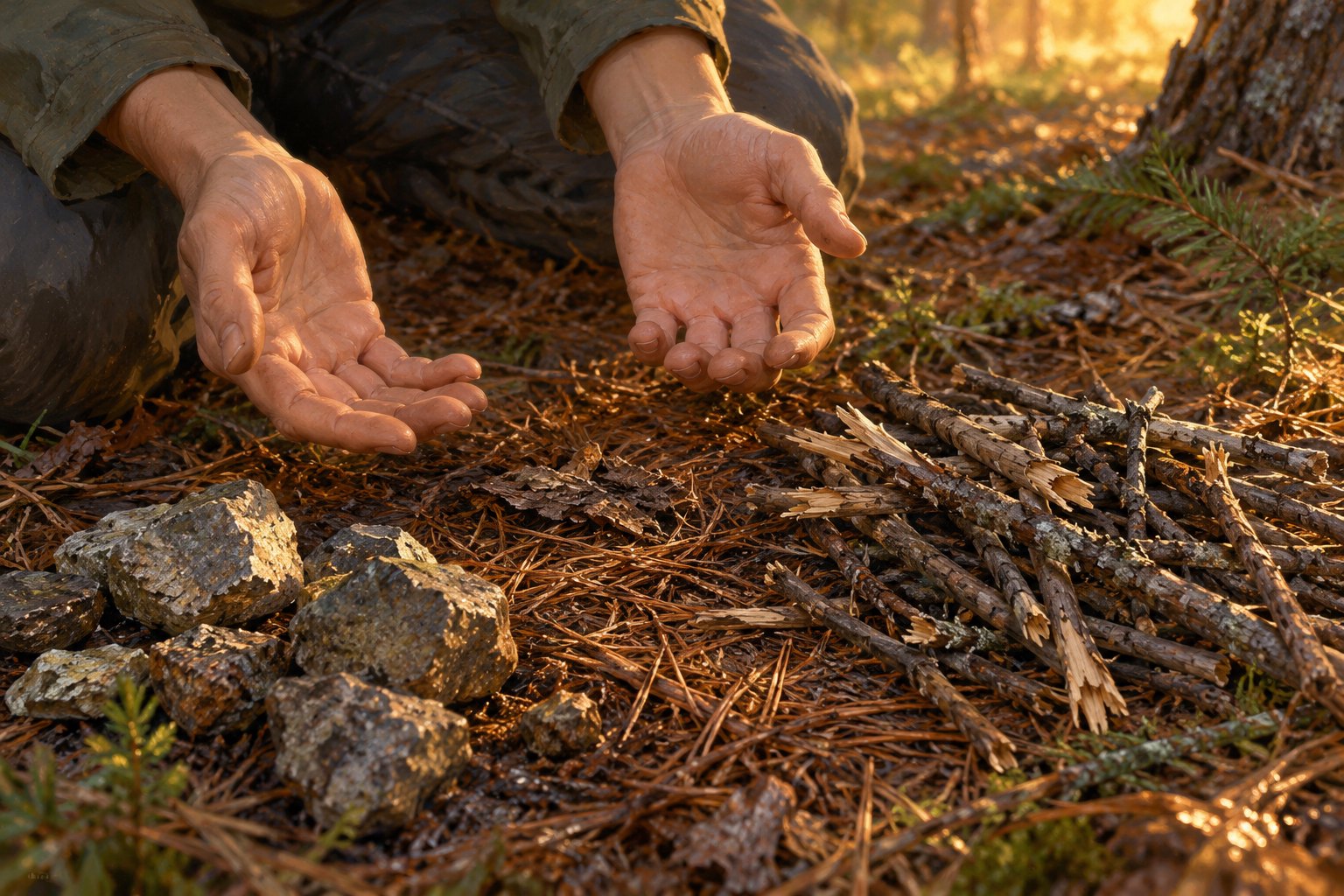 Conceptual illustration of open hands above pine needles, gathered twigs, and stones in warm forest light.