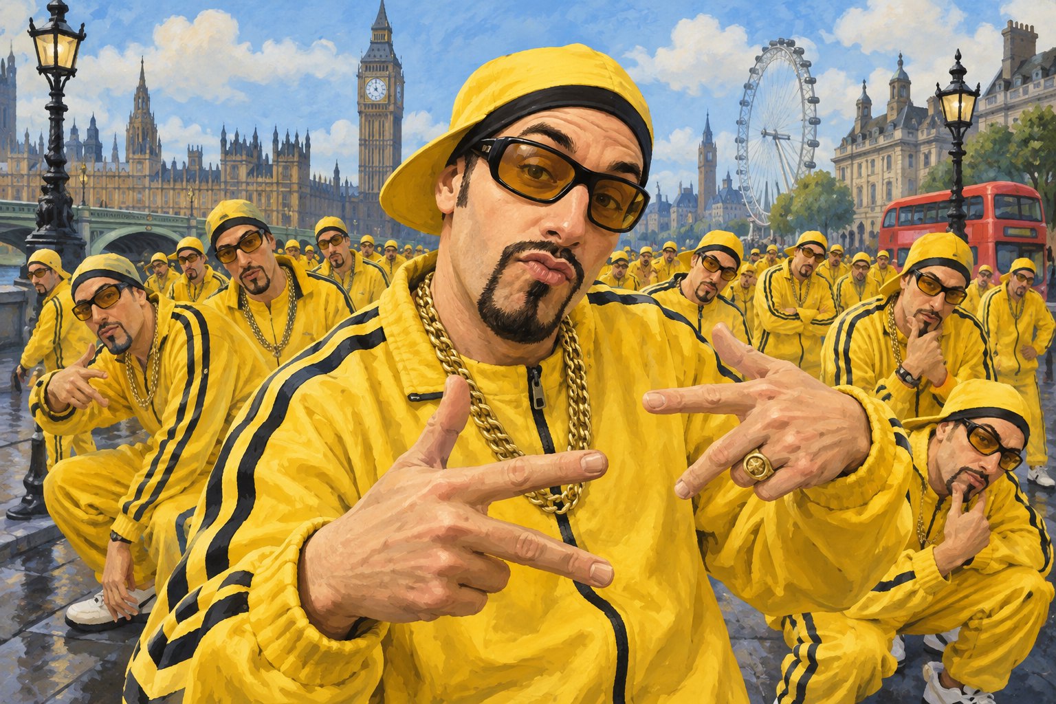 Editorial illustration of Ali G look-alikes in yellow tracksuits filling a stylized London street.