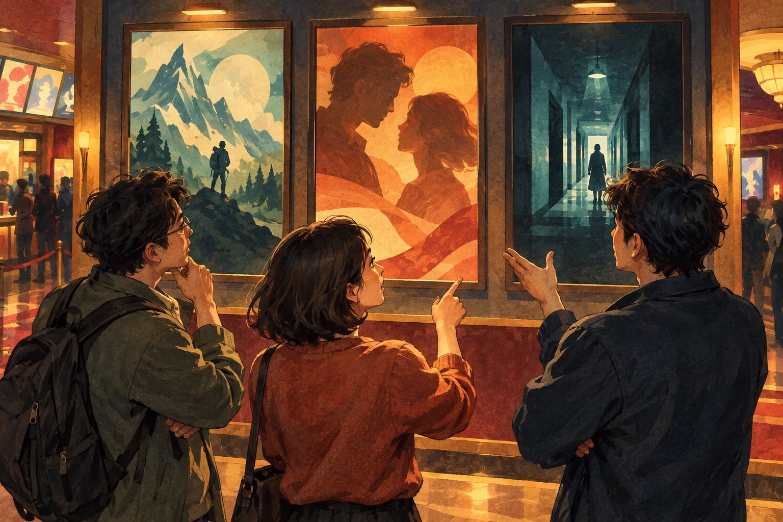 选片概念插画:三名朋友在影院大厅比较冒险、情感与悬疑题材的无字海报