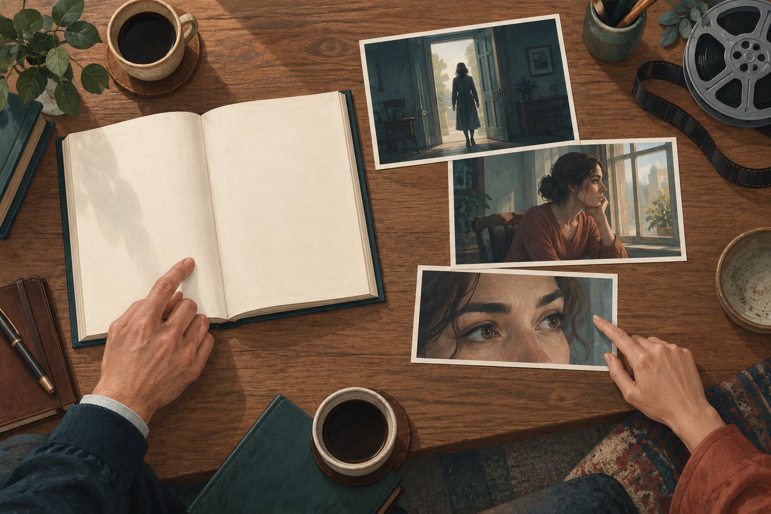 Conceptual illustration of hands comparing a blank open book with three cinematic views of a fictional woman.