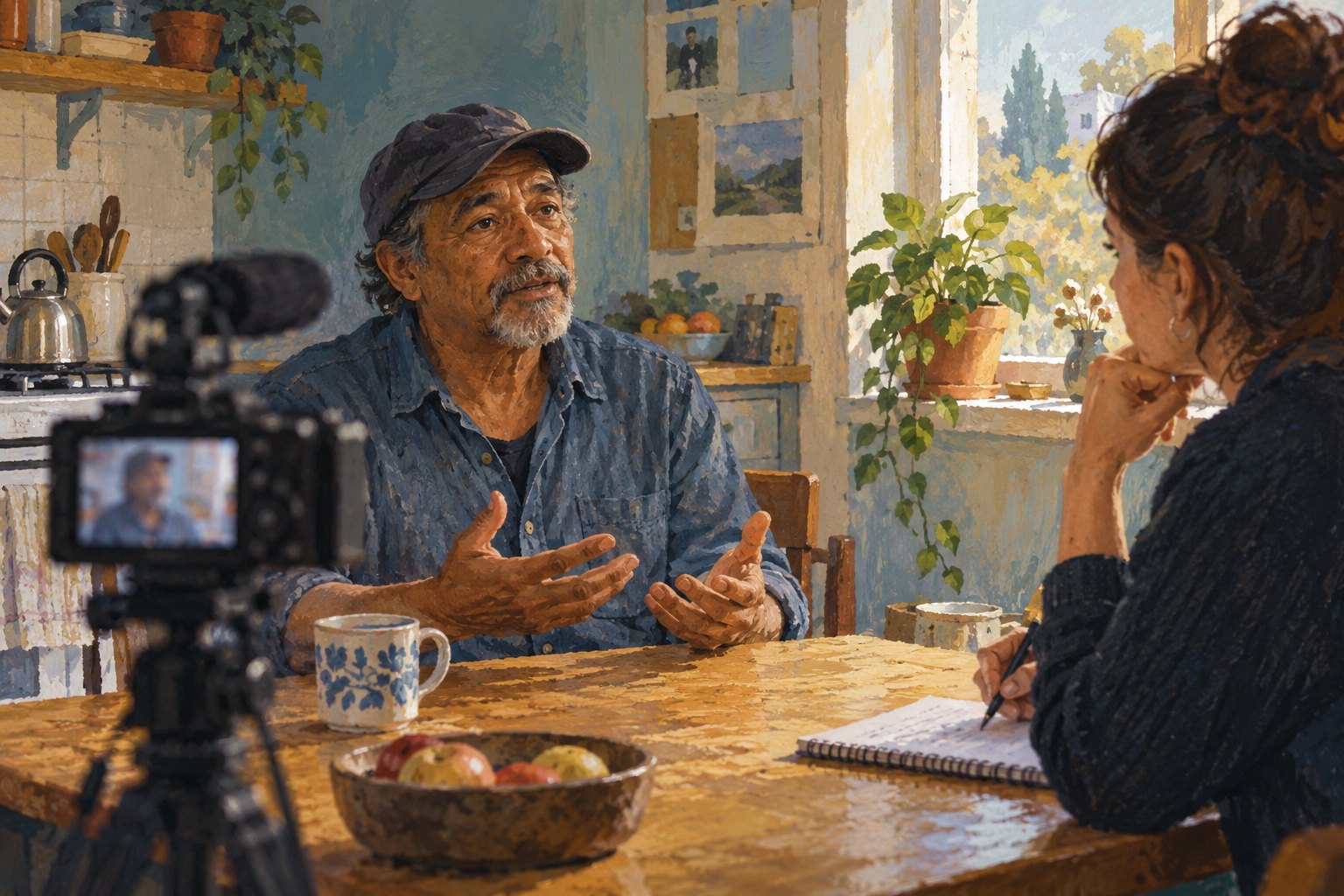 Conceptual illustration of a documentary participant speaking at a kitchen table while an interviewer listens beside a camera.