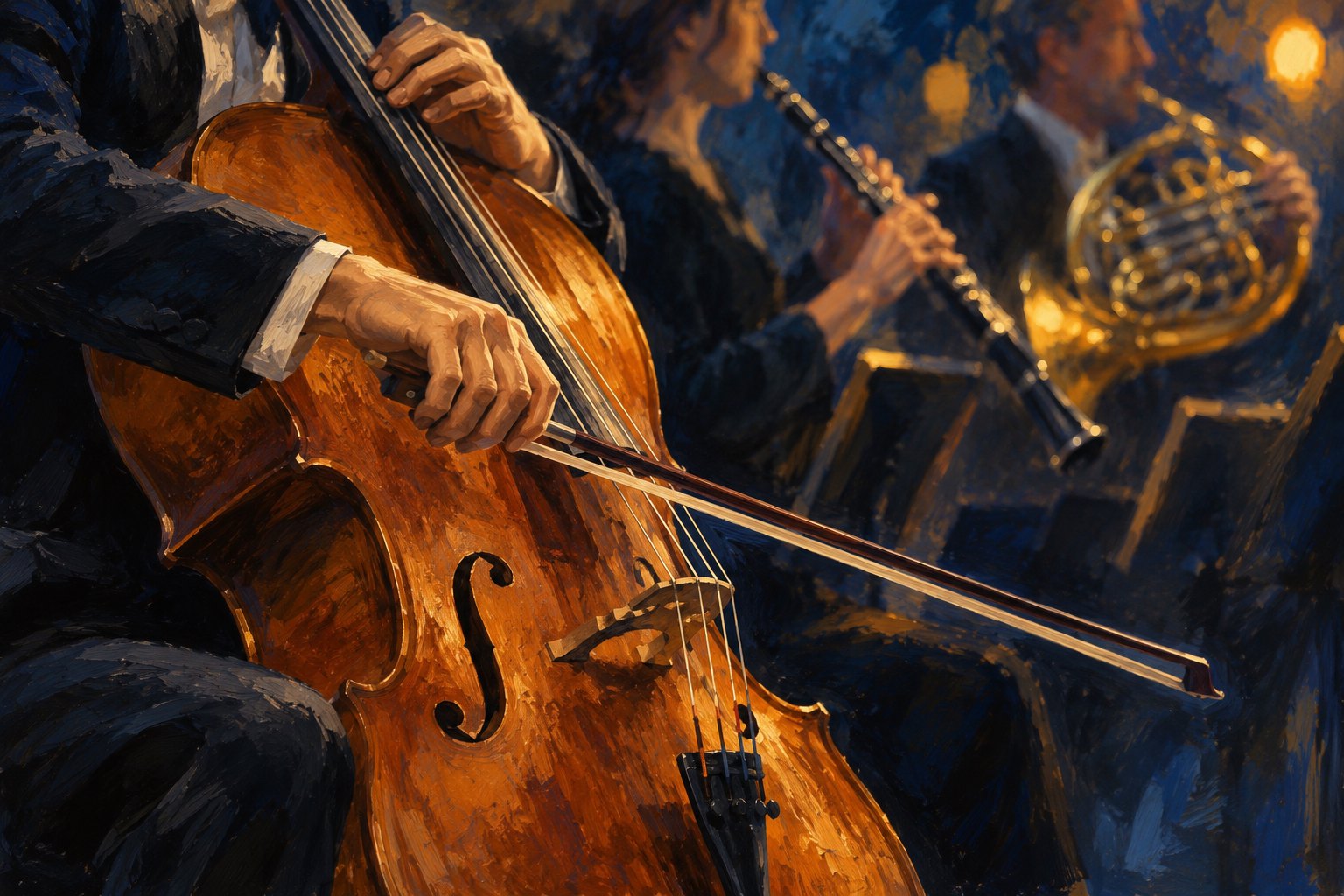 Painterly illustration of a cellist bowing an amber-colored cello with woodwind and brass musicians behind.