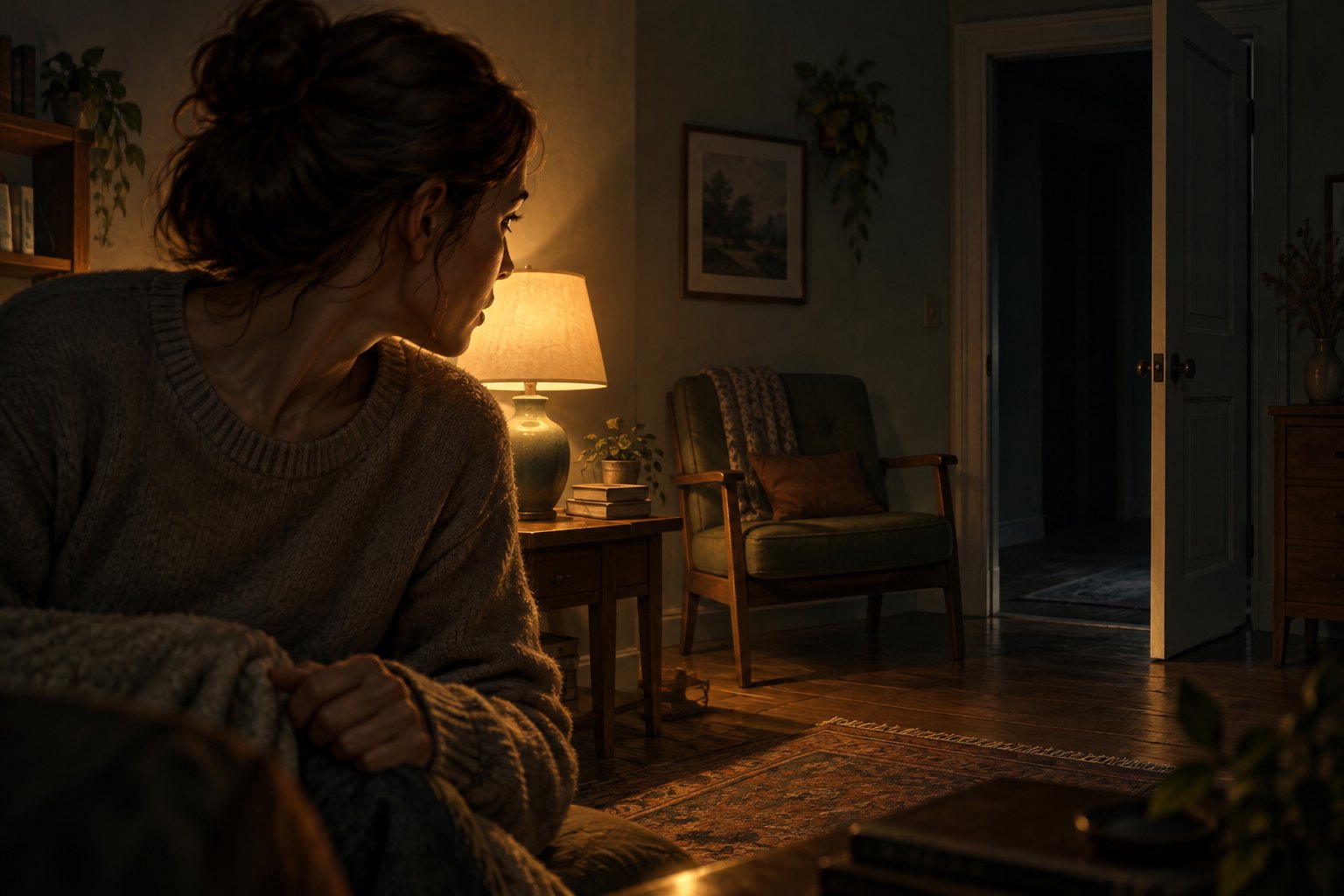 Conceptual illustration of a wary woman watching an open doorway from a warmly lit room.