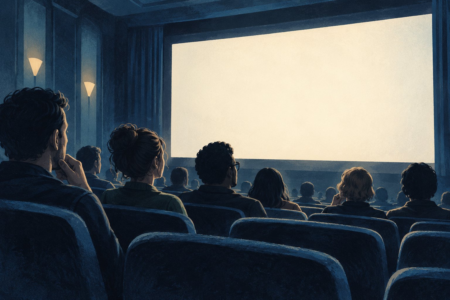 Conceptual illustration of seated moviegoers facing a blank illuminated screen in a dark theater.
