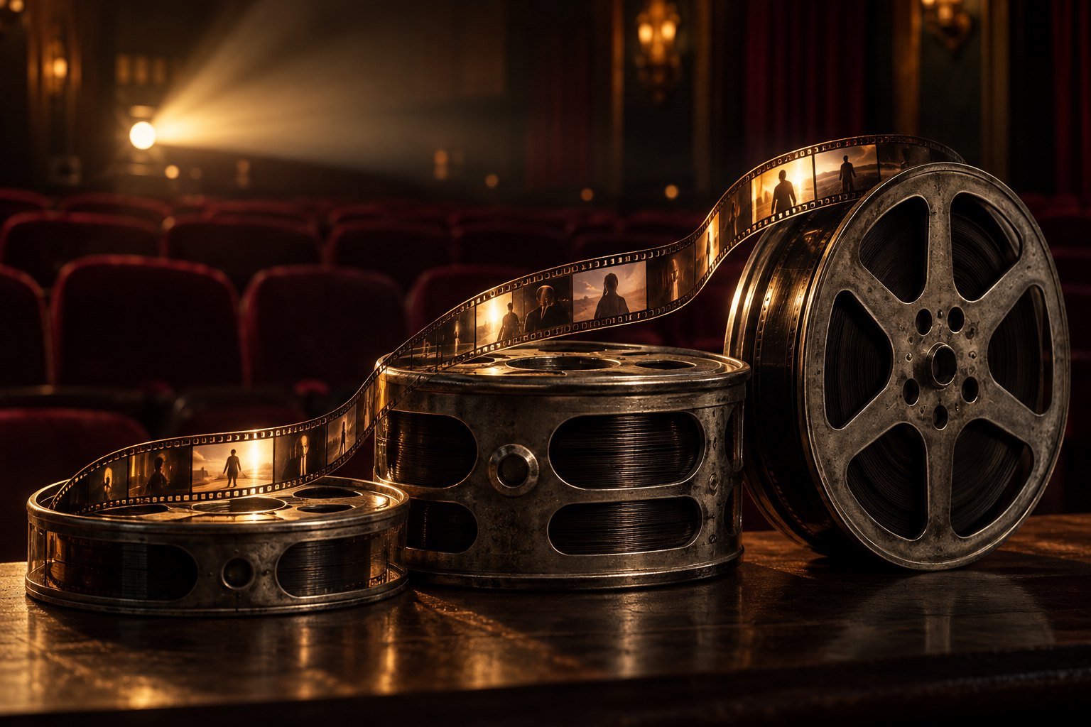 Three vintage film reels connected by an illuminated strip of film inside a warmly lit movie theater.