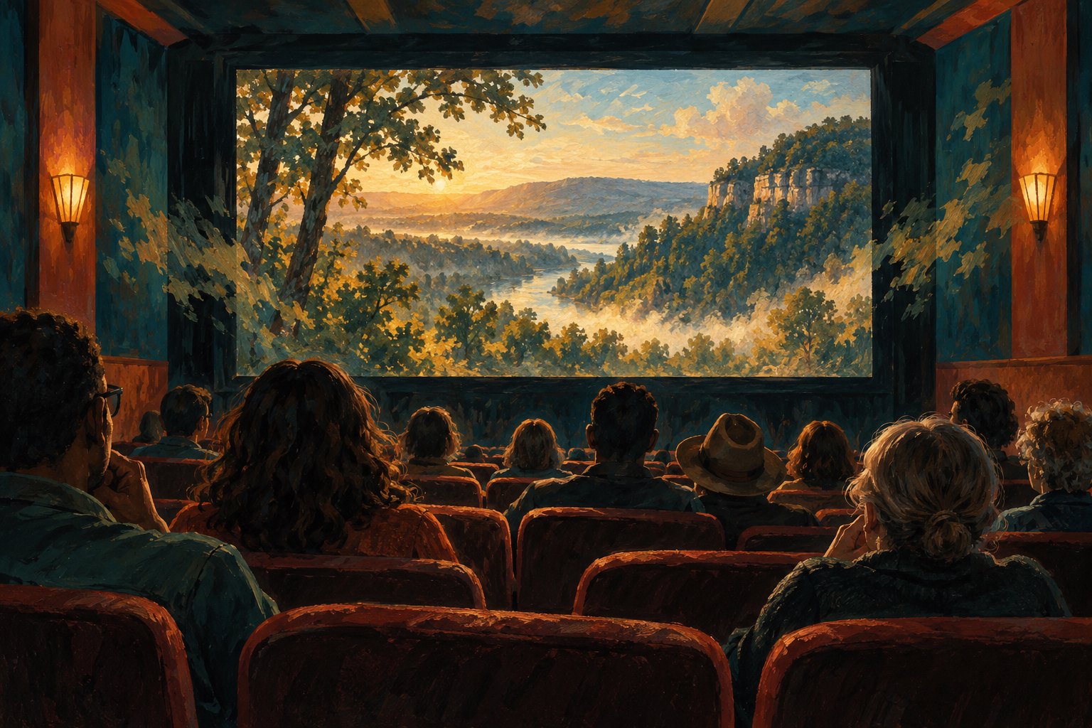 Conceptual illustration of a cinema audience watching a sunlit Arkansas landscape on a large screen.
