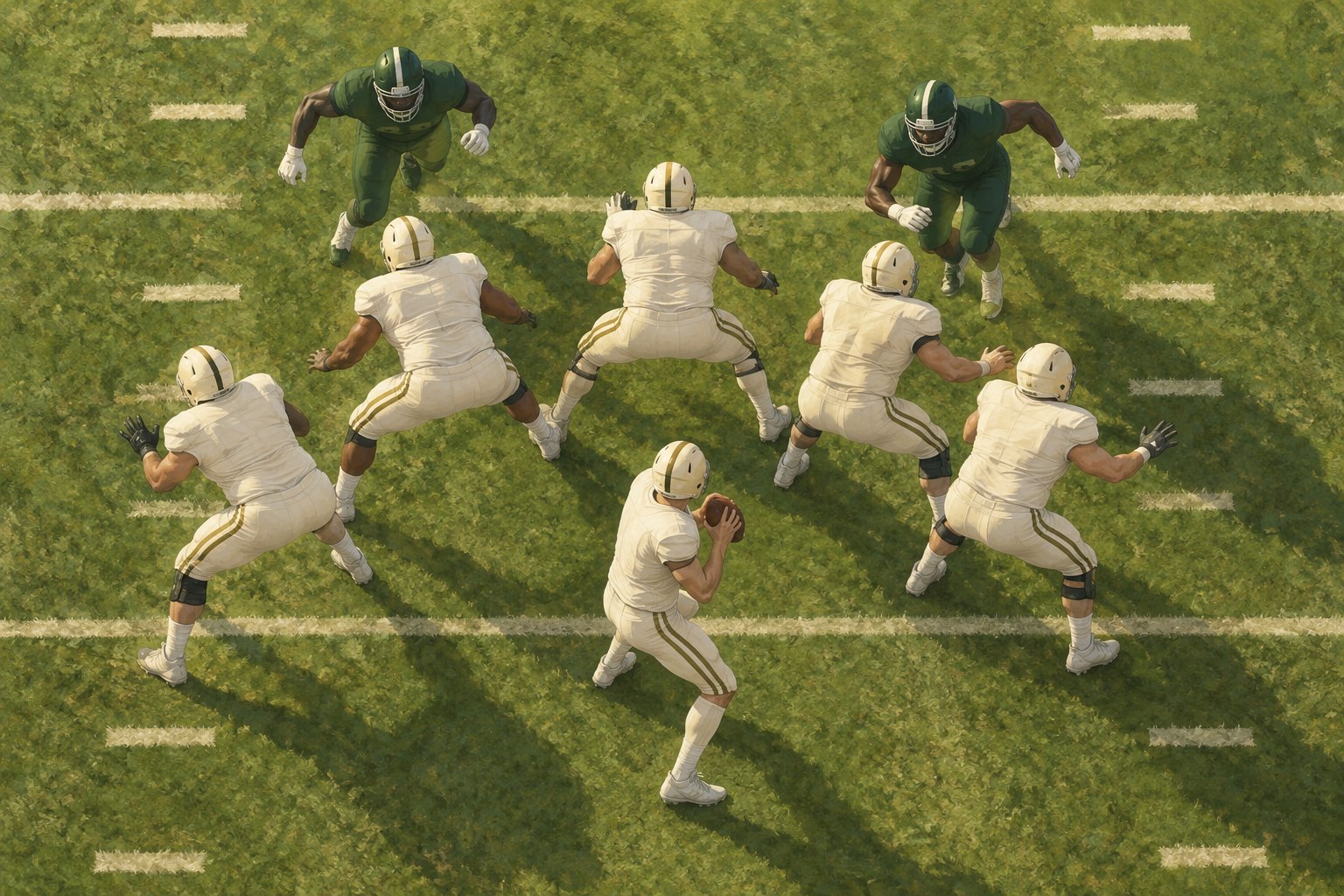 Conceptual overhead illustration of defenders approaching a quarterback inside a narrowing pocket on a football field.
