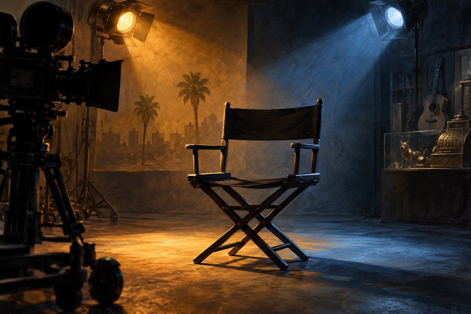 Conceptual illustration of an empty actor’s chair under amber and blue studio lighting beside a silhouetted movie camera.