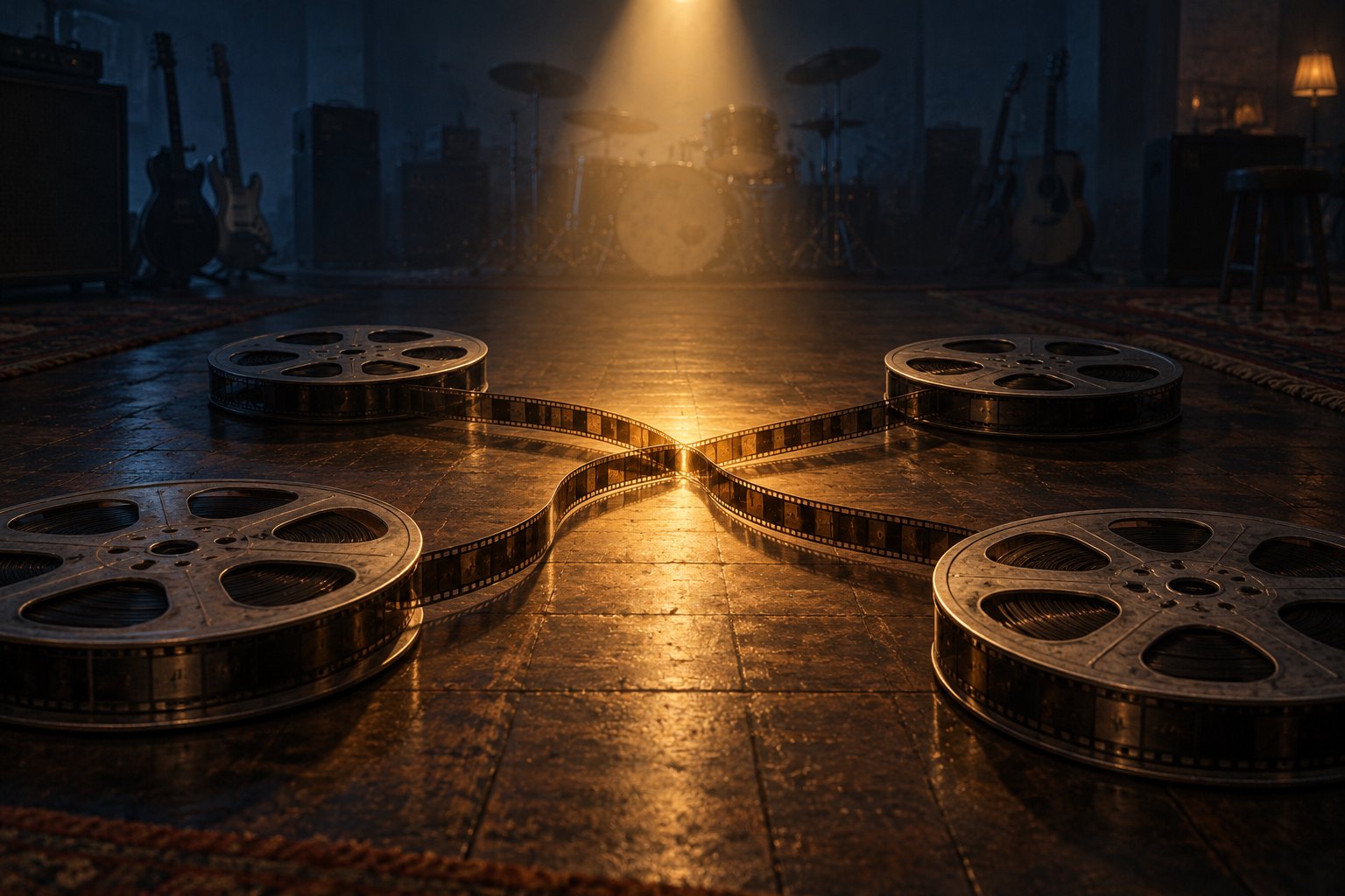 Conceptual illustration of four film reels connected by curling strips beneath warm light in a shadowy recording studio.