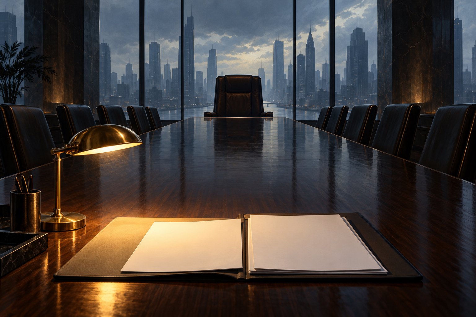 Conceptual illustration of blank documents beneath a desk lamp facing an empty executive chair across a boardroom table.