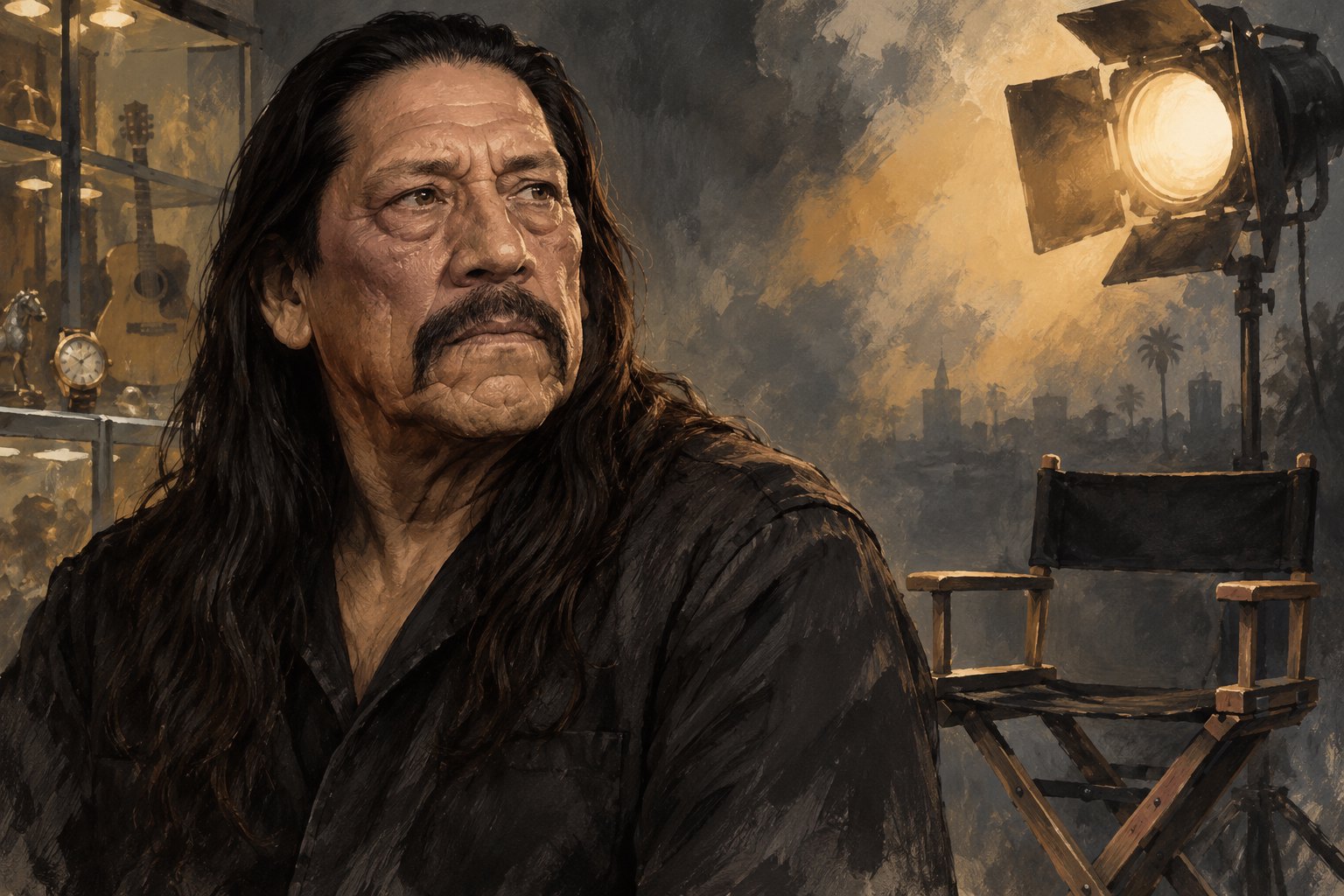 Conceptual editorial illustration of Danny Trejo beside an empty director’s chair under a cinema spotlight.