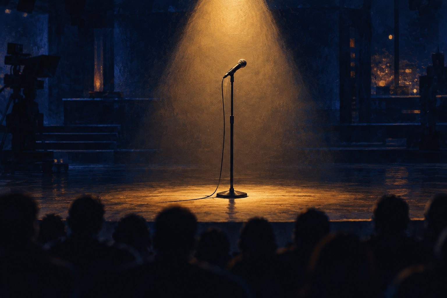 Editorial illustration of an empty microphone under an amber spotlight, with audience silhouettes facing a dark television stage.