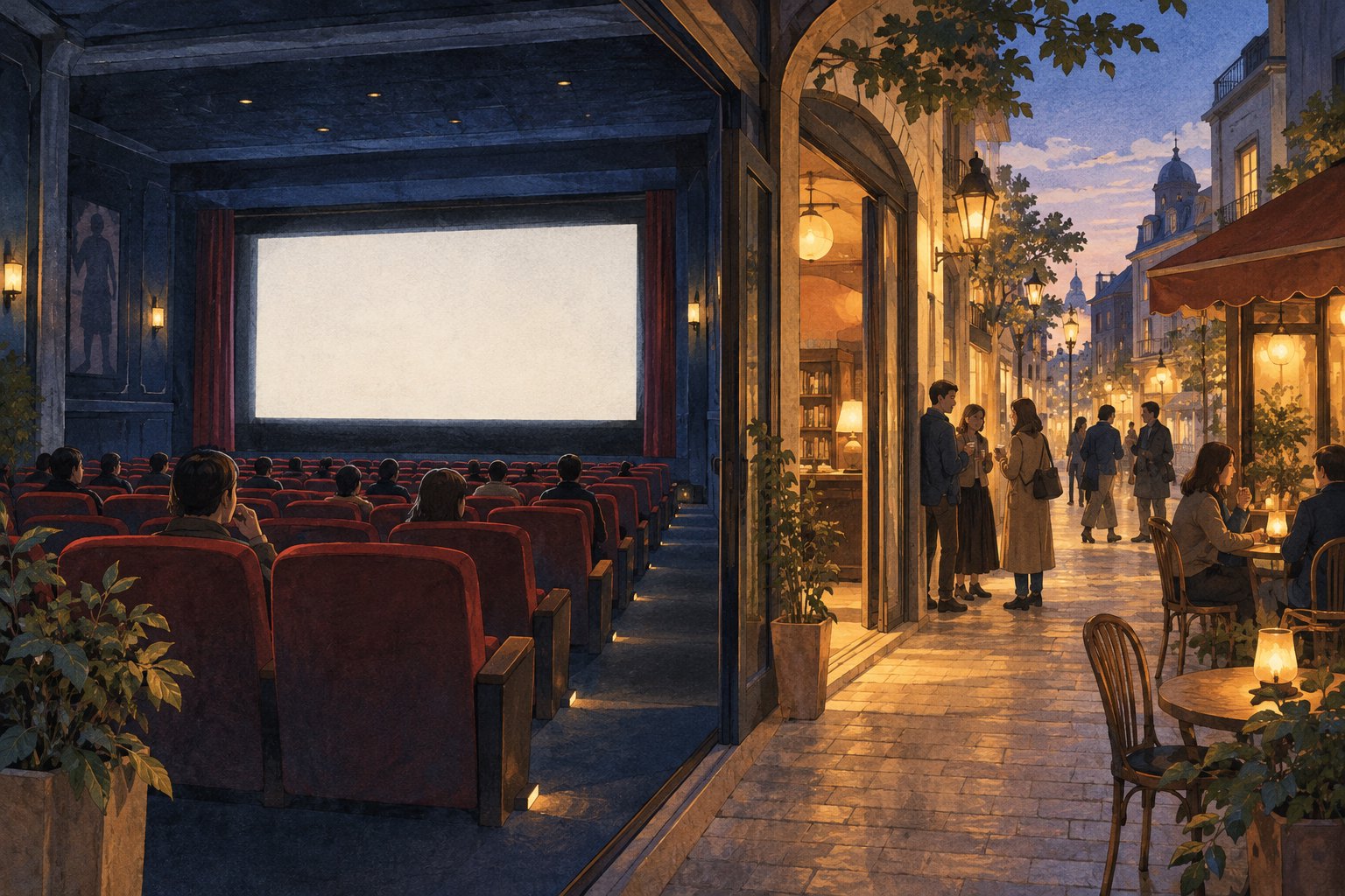 概念插画:电影院放映厅连接暮色中的步行街,观众在暖光下交流