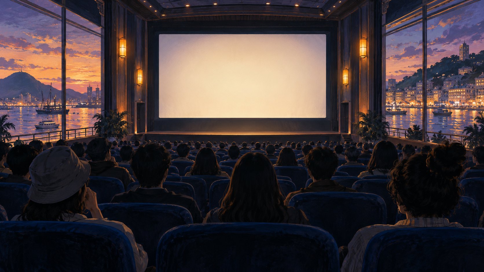 港灣暮色映照影廳,觀眾面向銀幕等待放映的原創示意插畫,非活動現場