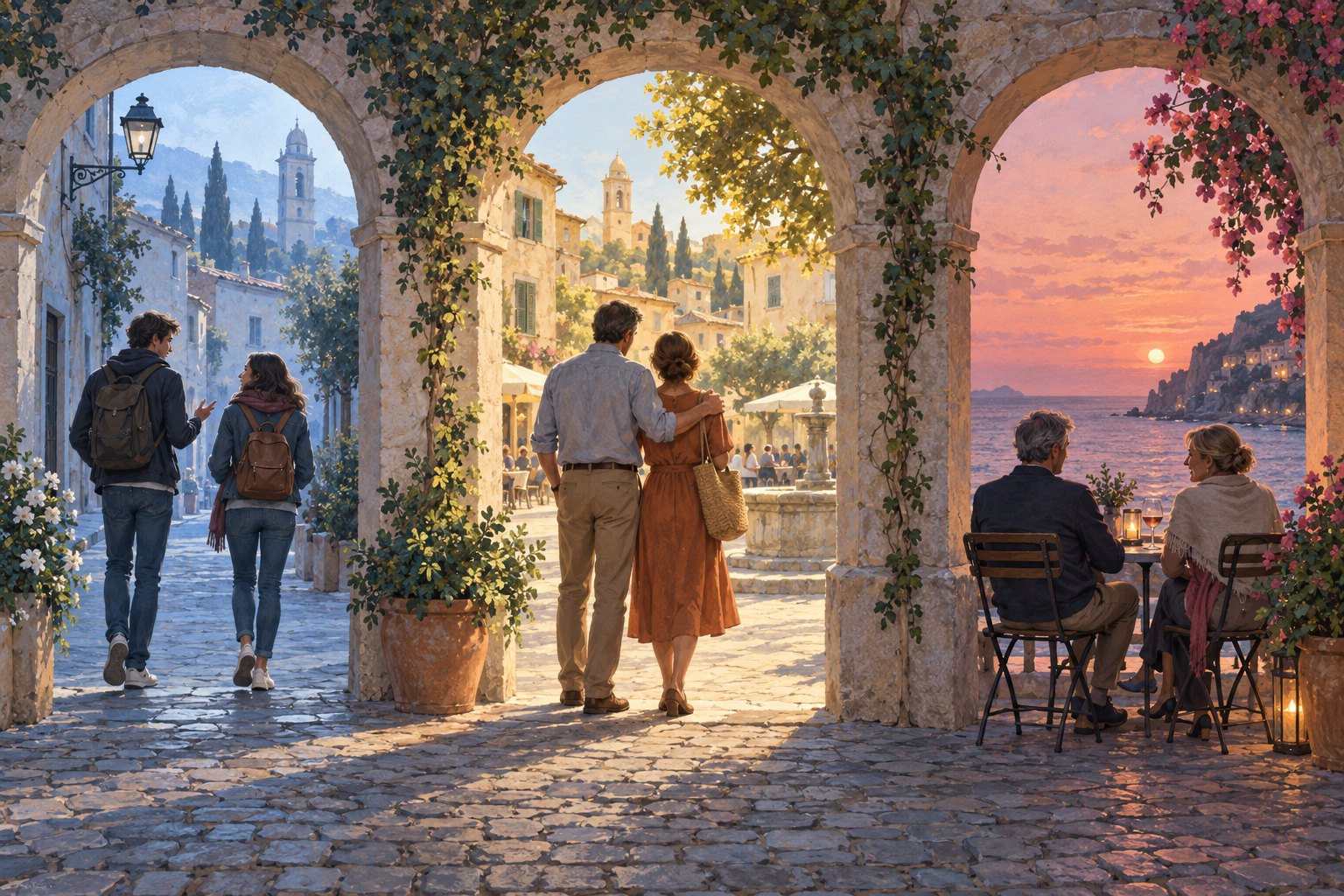 A painterly illustration of a couple at three stages of life beneath stone archways, moving from morning streets to a seaside sunset.