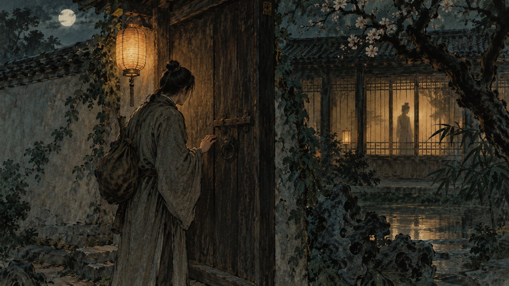 古裝旅人在月夜院門前遲疑,隔窗望見燈下人影,為志怪敘事原創概念插畫,非作品劇照