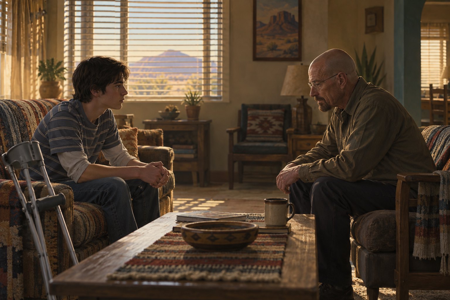 Painterly illustration of a teenage son and his tired father sharing a quiet conversation in a sunlit living room.