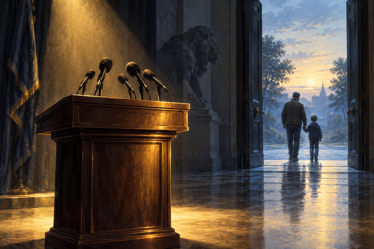 Conceptual illustration of an empty lectern under a spotlight while a father and child walk away through a doorway.