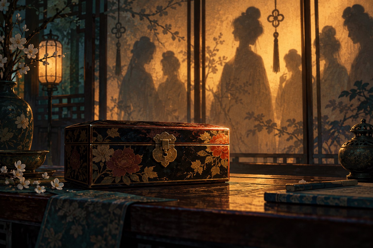 Symbolic illustration of a closed lacquer treasure box with indistinct human shadows behind a silk screen.