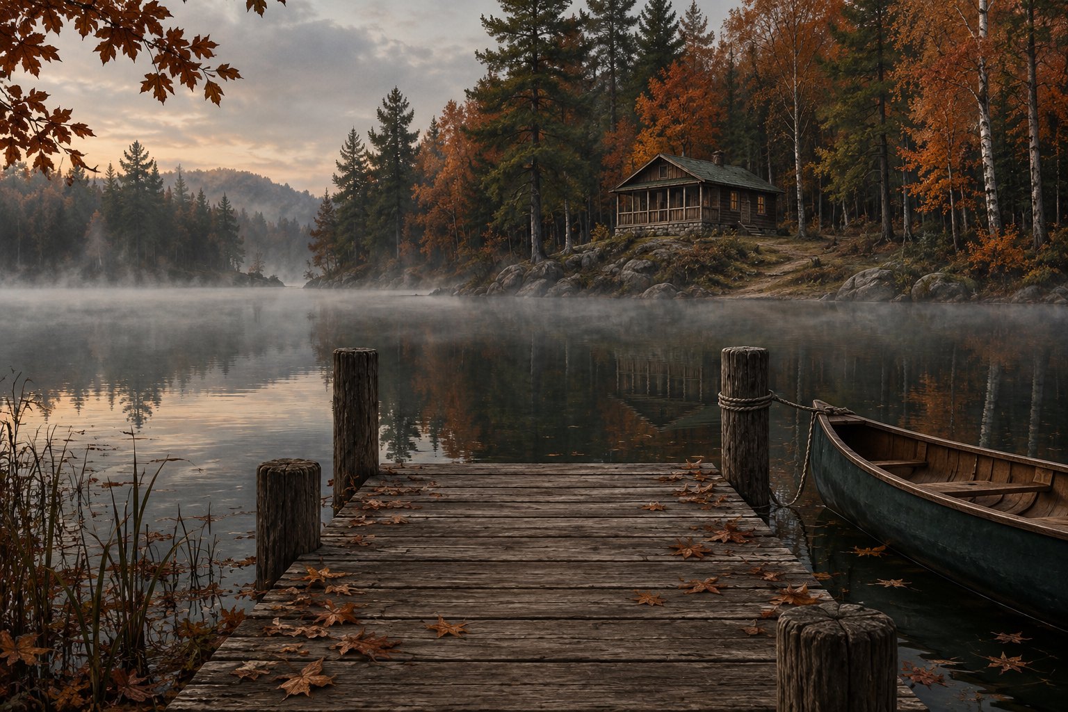 Atmospheric illustration of a canoe beside a wooden dock facing a misty lake and an isolated cabin among autumn trees.