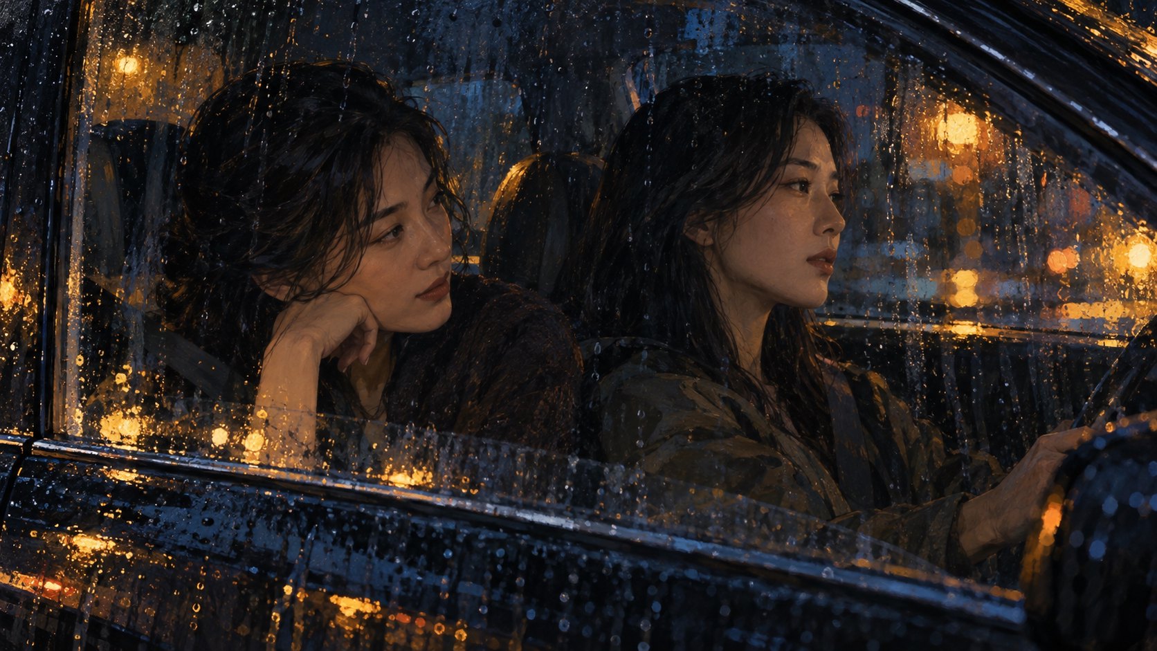 原創情境插畫：雨夜車窗映著街燈，兩名成年女子在車內呈現不同的凝視方向，非電影劇照
