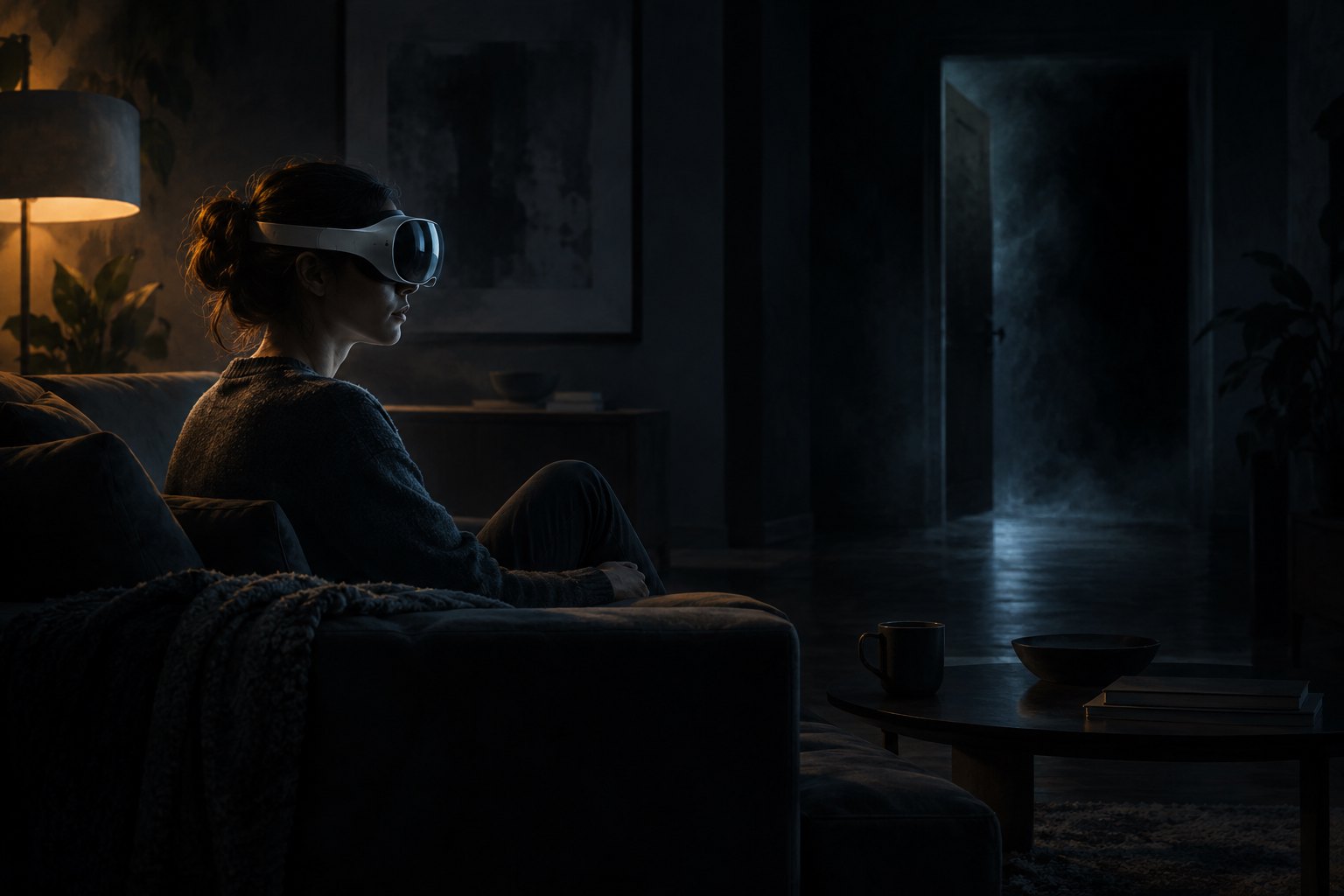 Conceptual illustration of a seated viewer wearing a headset in a dim living room beside a shadowy doorway.
