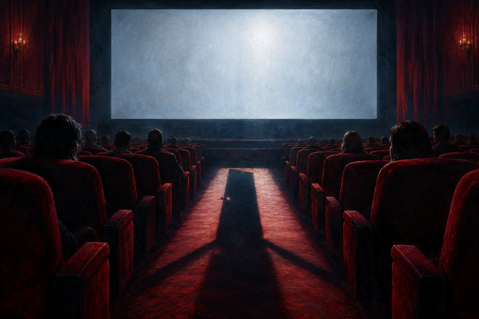 Conceptual illustration of moviegoers facing a blank cinema screen as a doorway-shaped shadow falls across a red-carpeted aisle.