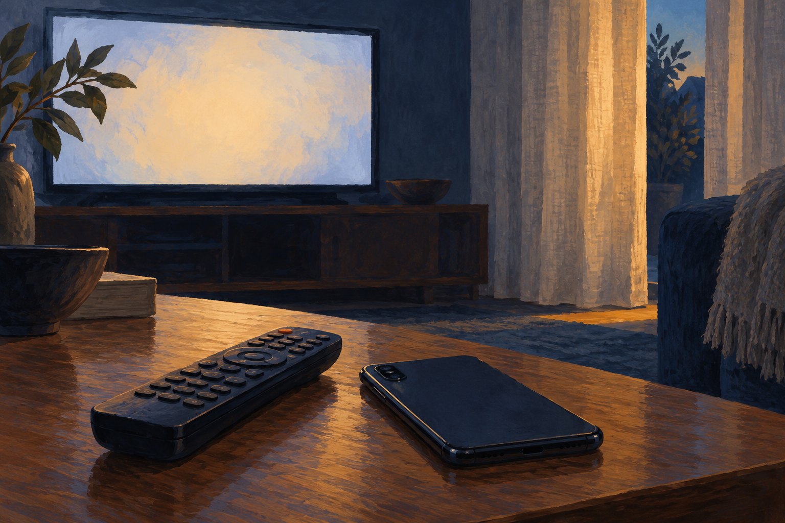 Editorial illustration of a television remote and face-down smartphone on a wooden table beside a glowing blank television.