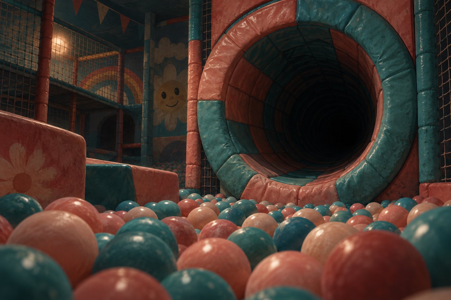 Conceptual illustration of an empty coral-and-teal ball pit surrounding a padded tunnel that disappears into darkness.