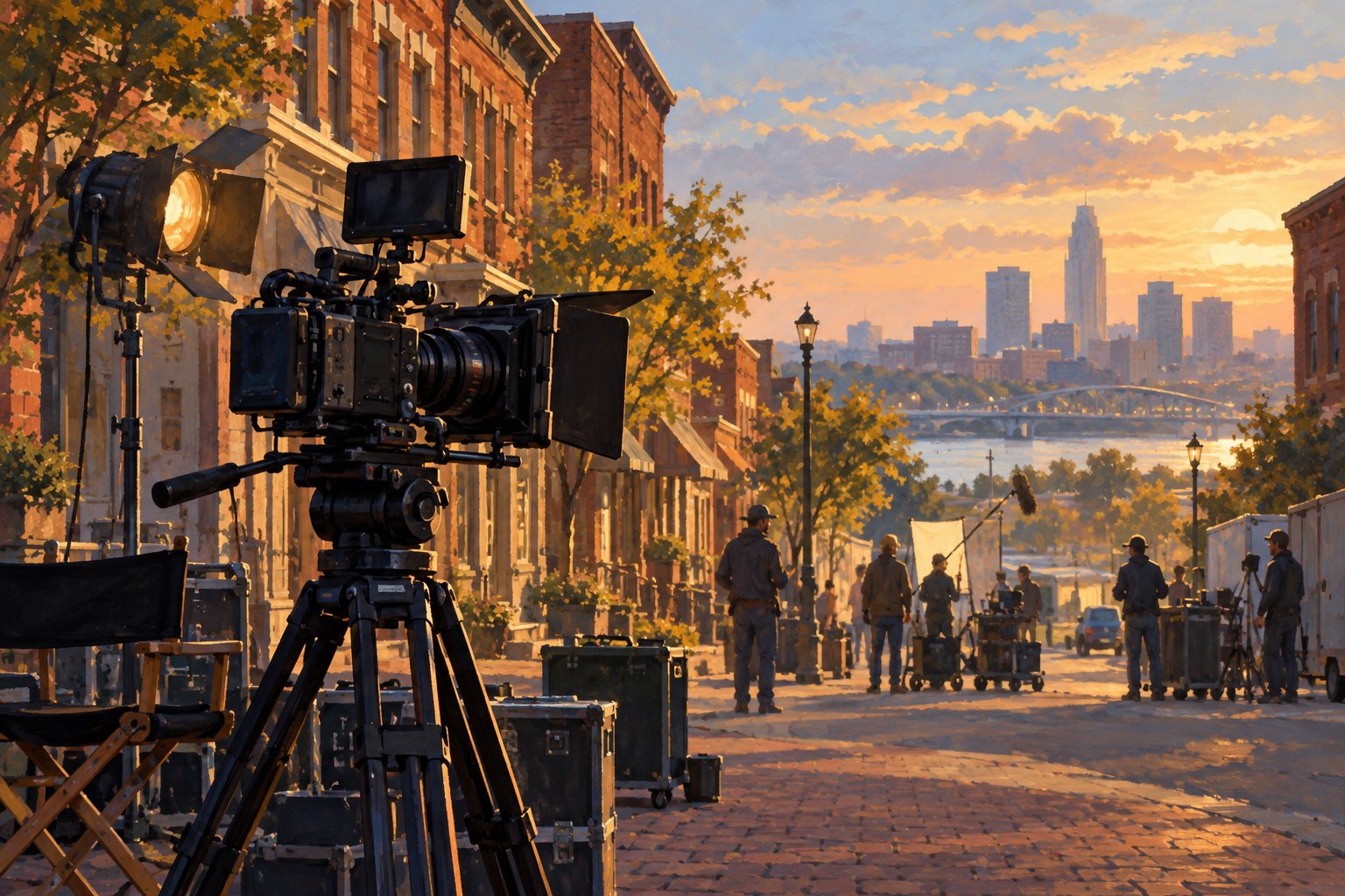 Conceptual illustration of a movie camera and distant crew on an imagined brick-lined Midwestern street at sunset.