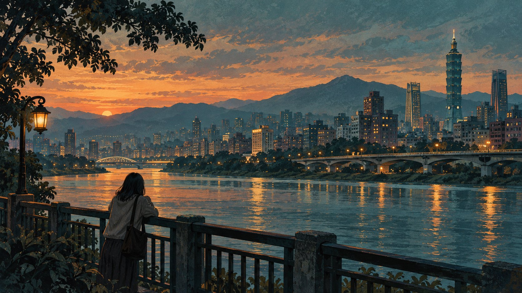 暮色中的台北城市意象與河岸行人，呈現人物和城市尺度的原創情境插畫，非電影劇照。
