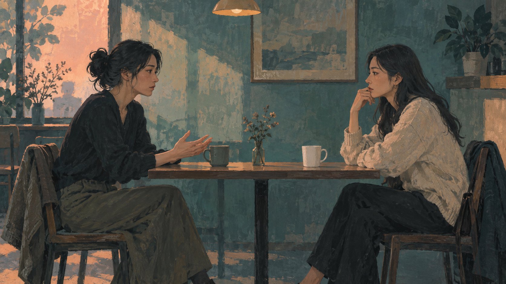 兩名成年女子隔著咖啡桌凝視交談的情境插畫,呈現親密關係中的傾聽與距離,非電影劇照