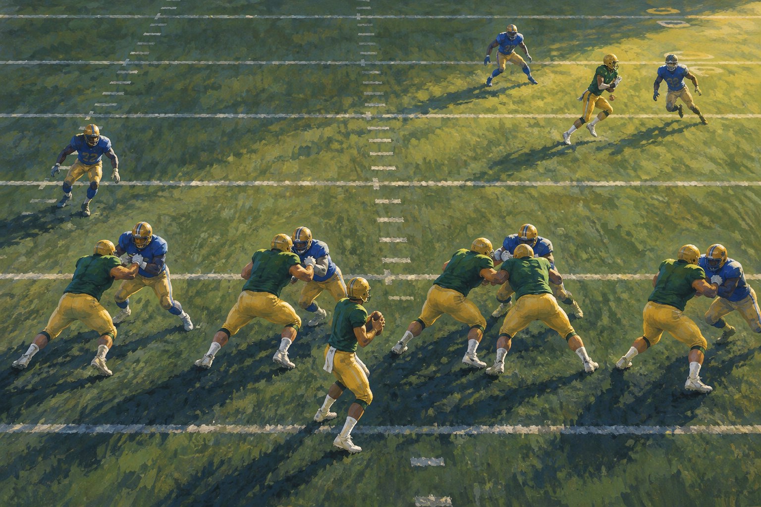 Conceptual illustration of green-and-gold football players blocking blue-and-gold defenders while a receiver runs downfield.