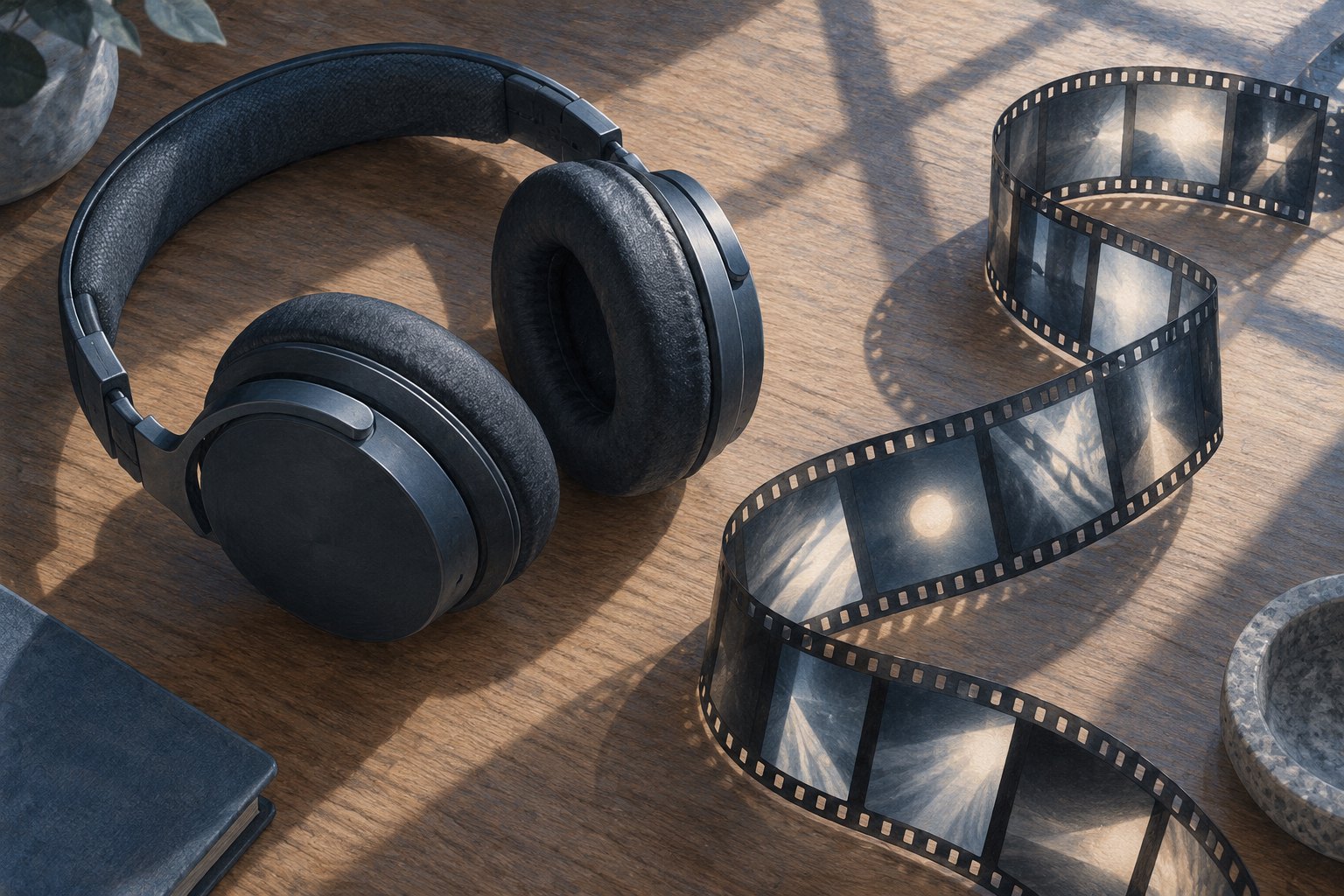 Conceptual illustration of headphones beside a curling strip of film on a wooden desk in cool daylight.