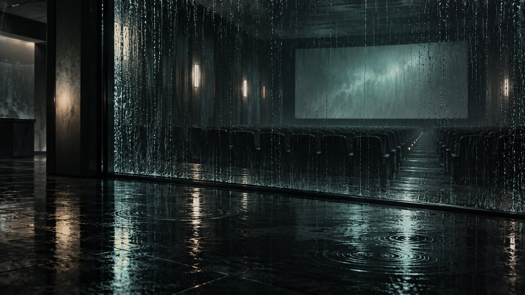 雨水沿玻璃流下,幽暗放映空間與地面水紋相互映照的恐怖氛圍概念插畫,非電影劇照