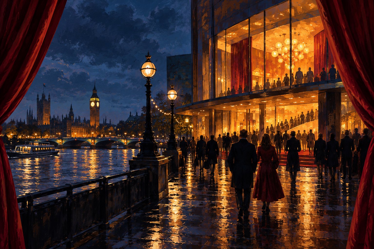 Conceptual illustration of audiences approaching an illuminated London riverside arts venue at dusk, framed by burgundy curtains.