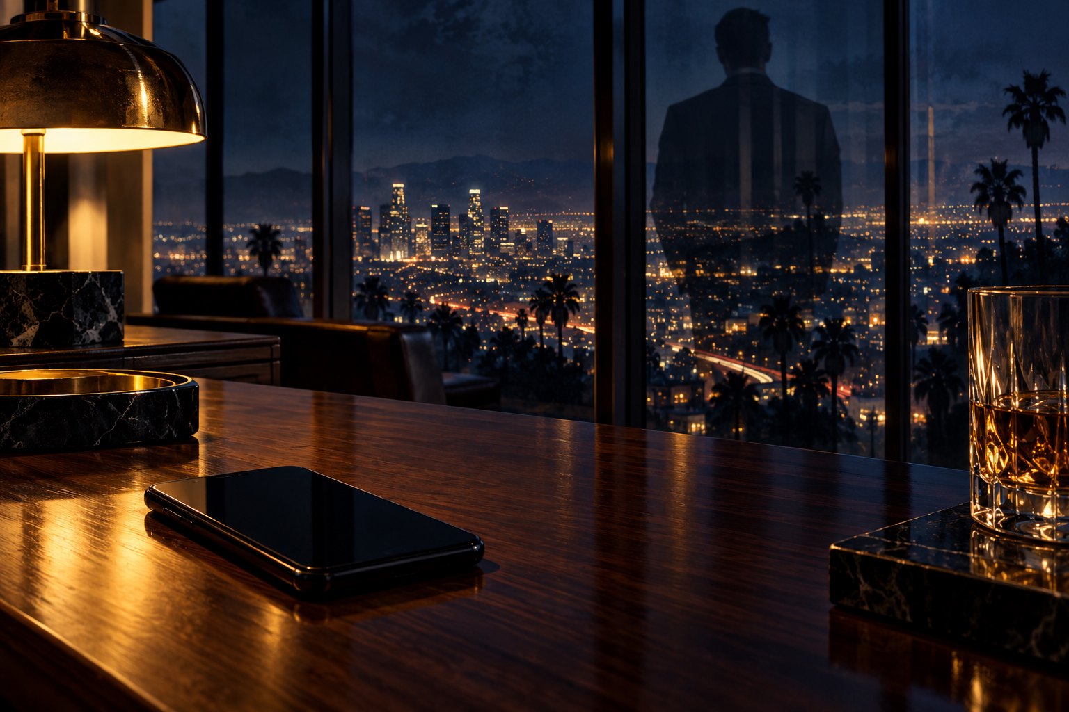 Conceptual noir illustration of a smartphone on a walnut table overlooking city lights, with a suited figure reflected in the window.