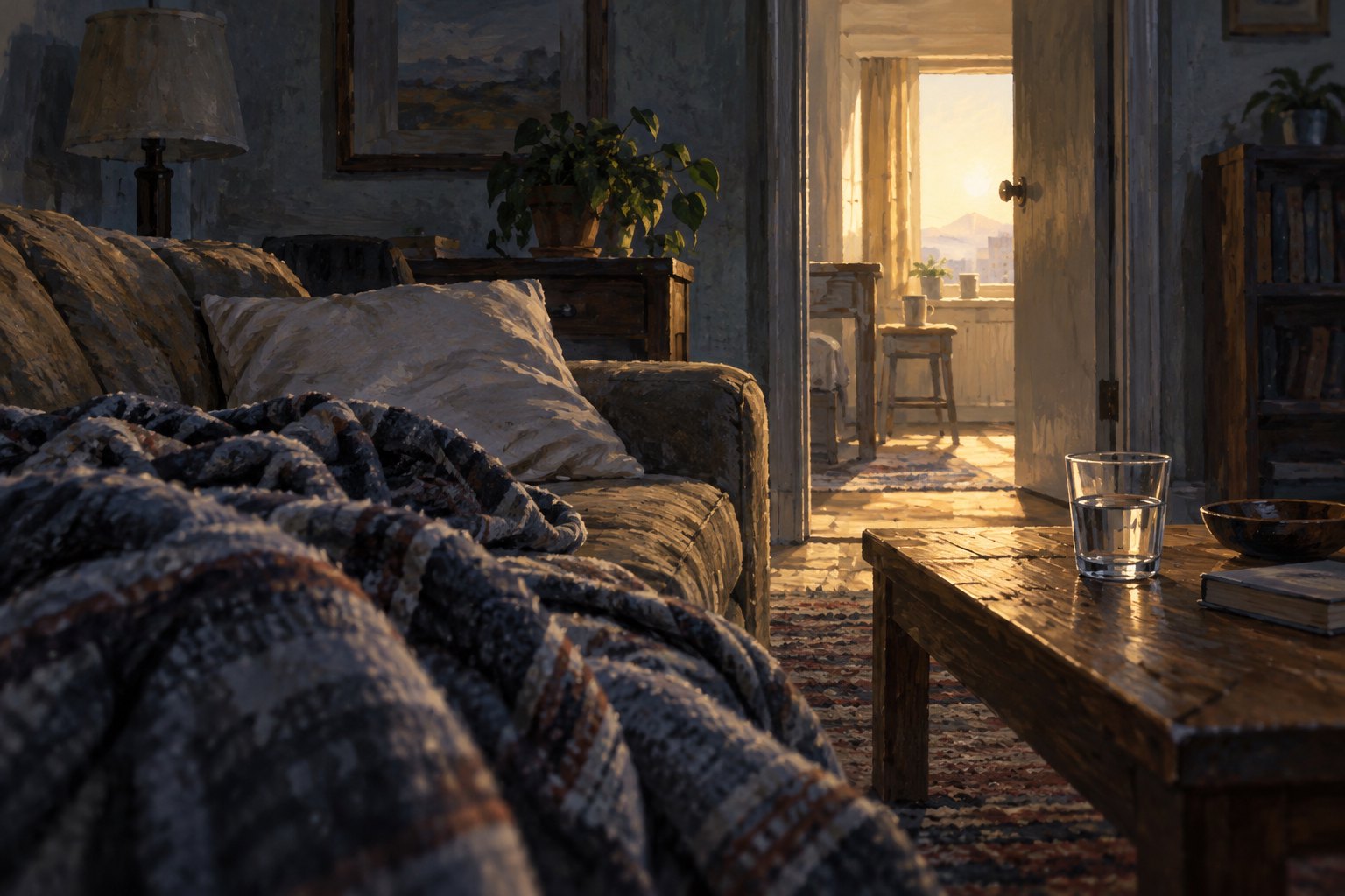 Editorial illustration of a rumpled blanket on a sofa and a glass of water in an apartment lit by morning sunlight.