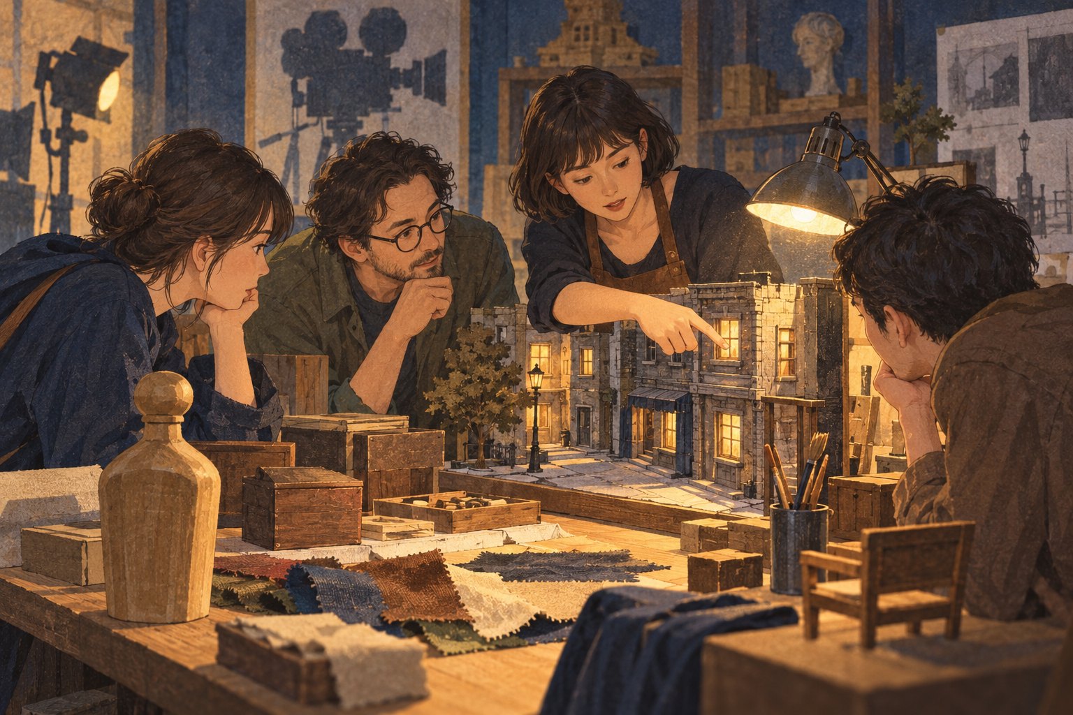 概念插画:参观者围在工作台旁,听讲解者介绍微缩街景与电影道具