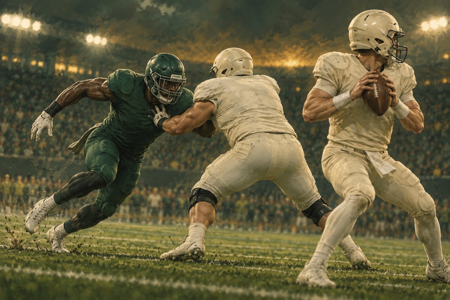 Conceptual football illustration of a defender approaching a quarterback with a blocker between them under stadium lights.
